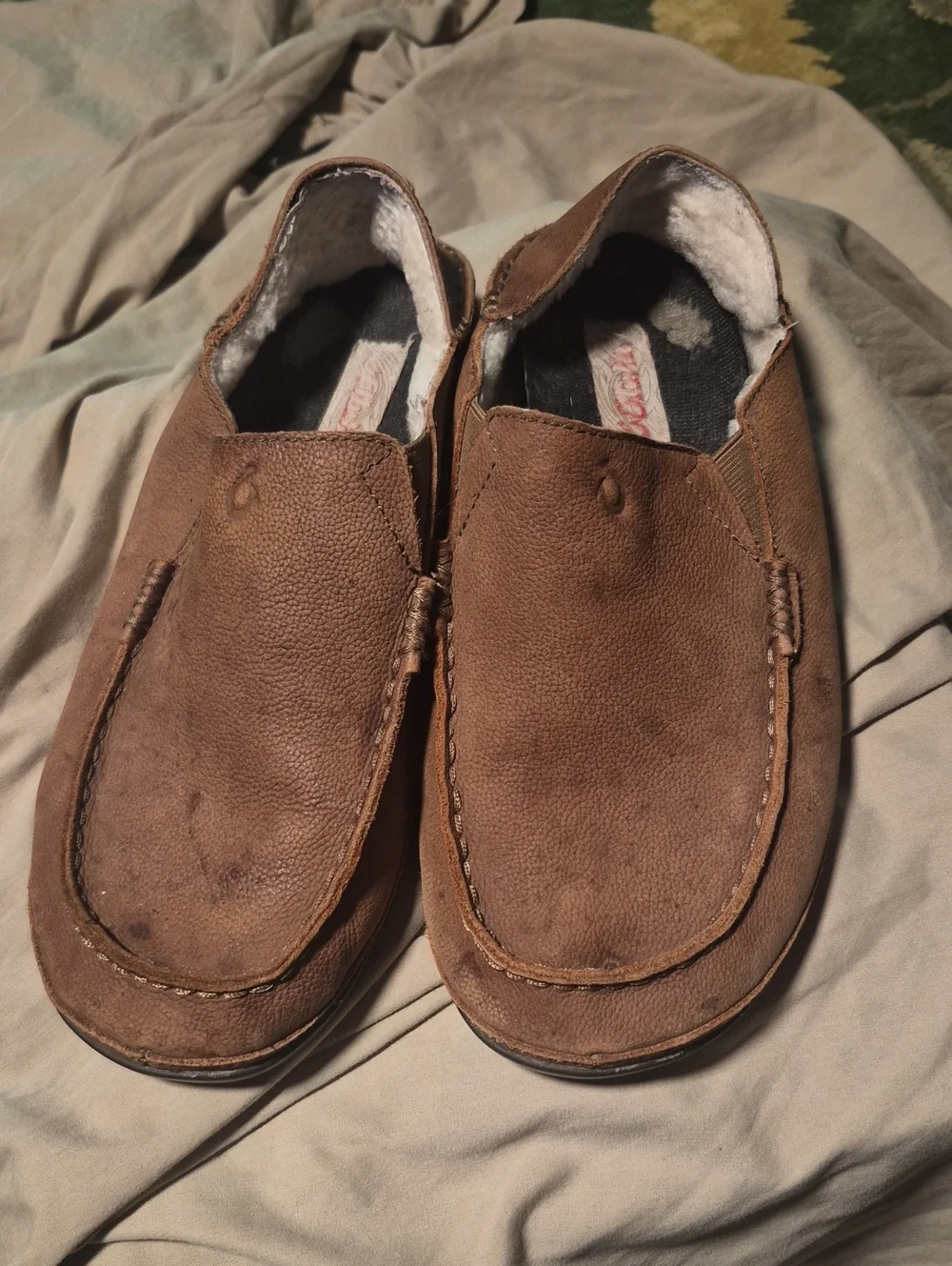 OluKai Men's Brown Leather Slip-On Loafers
